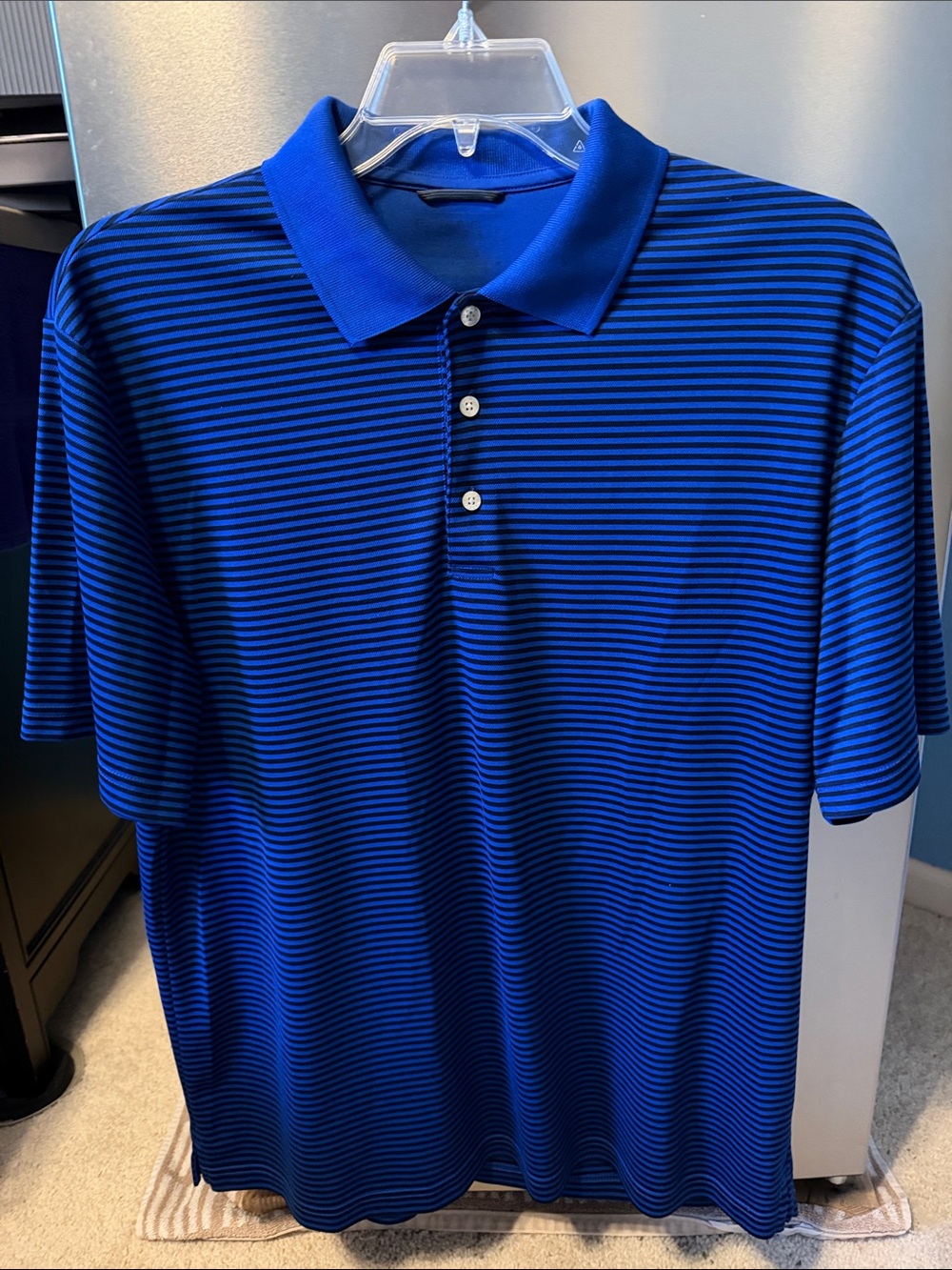 Men’s Chaps Short Sleeve Polo Style Shirt Royal Blue & Black Striped - Picture 2 of 4